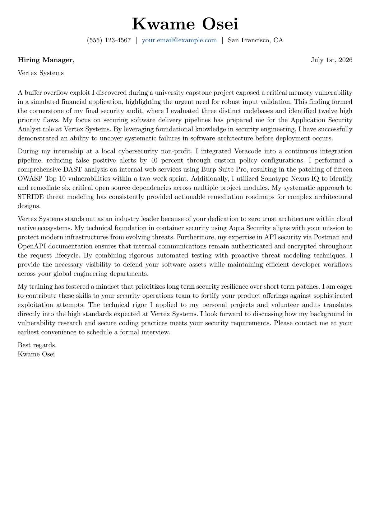 Application Security Analyst cover letter in the Basic design