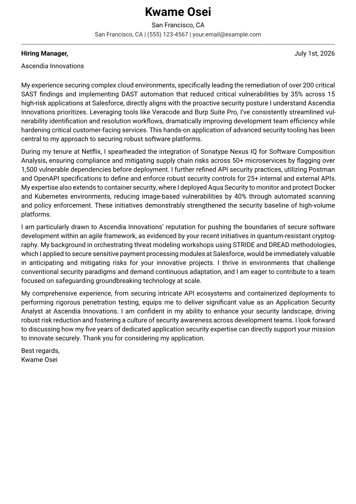 Application Security Analyst Cover Letter Example (2026)