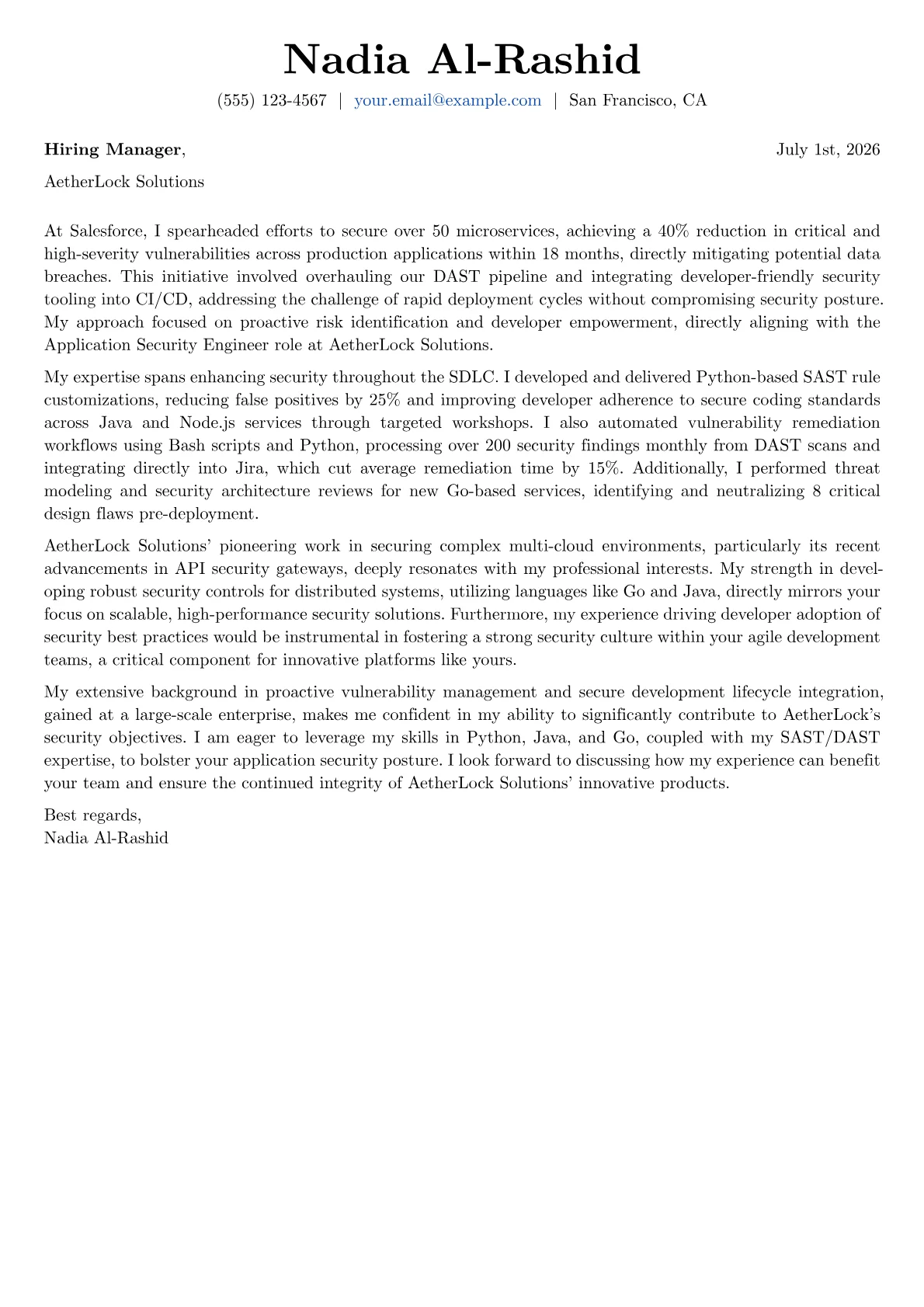 Application Security Engineer cover letter formatted with a JobSprout template