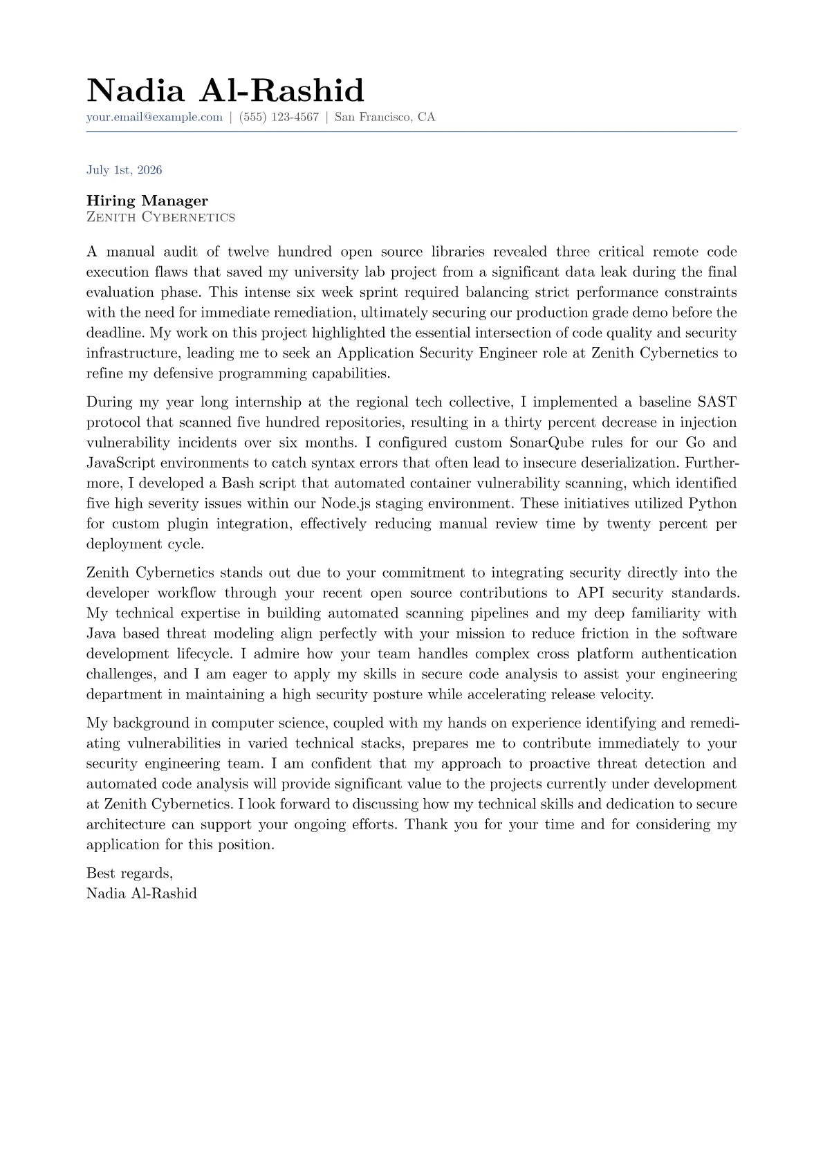 Application Security Engineer cover letter in the Classic design