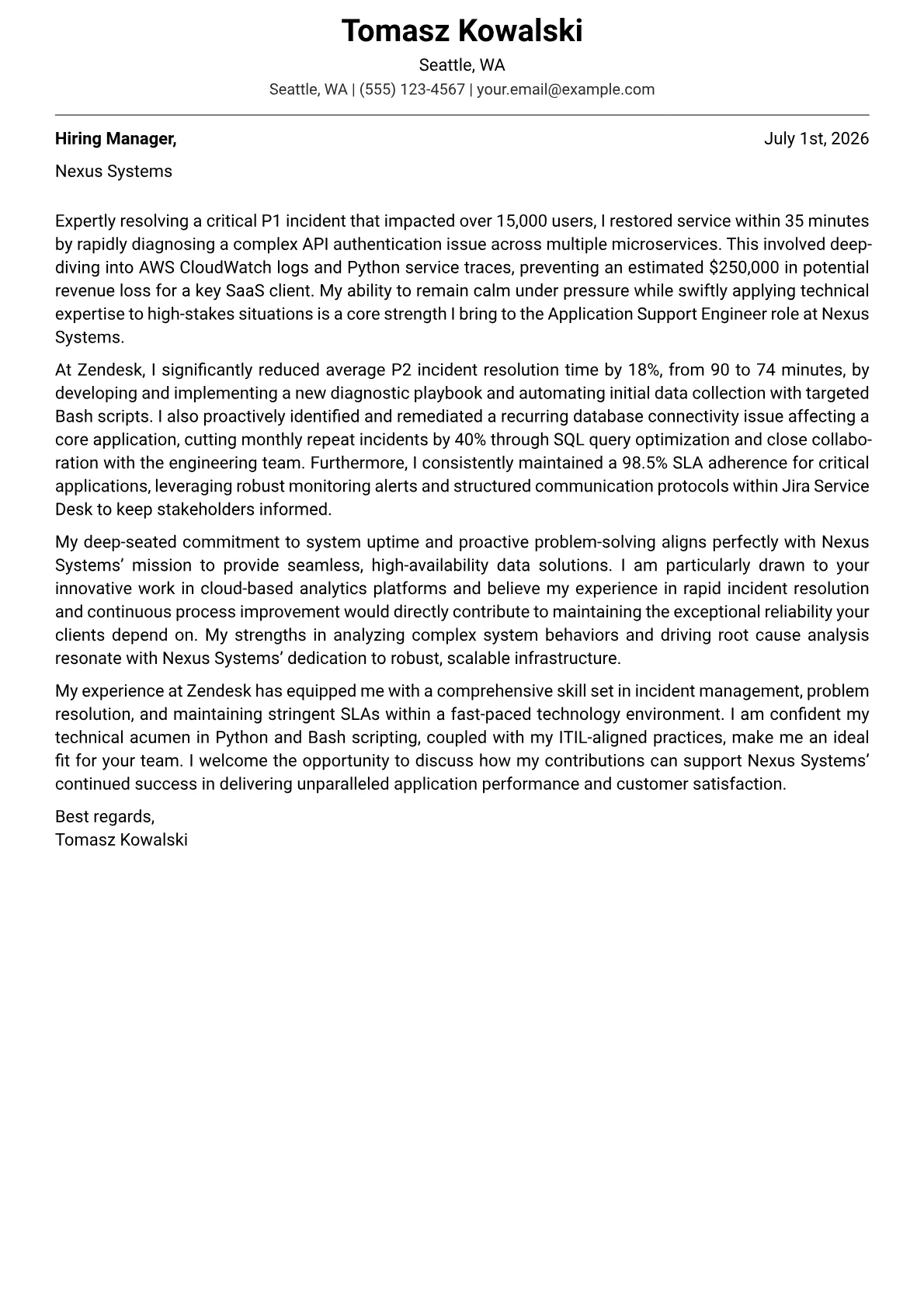 Application Support Engineer cover letter formatted with a JobSprout template
