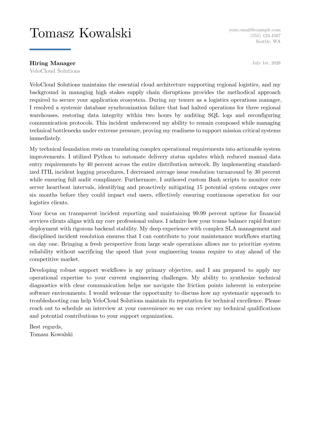 Application Support Engineer cover letter in the Executive design