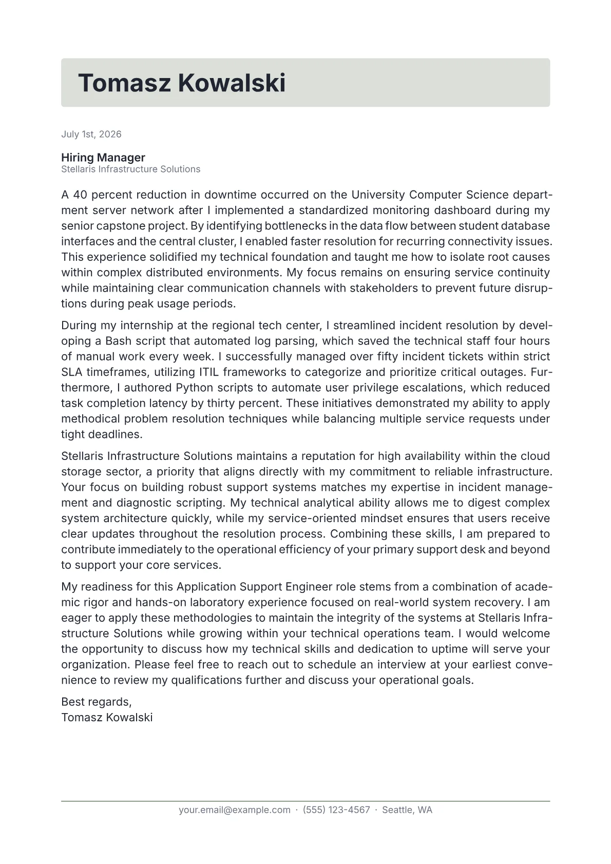 Application Support Engineer cover letter in the Letterhead design
