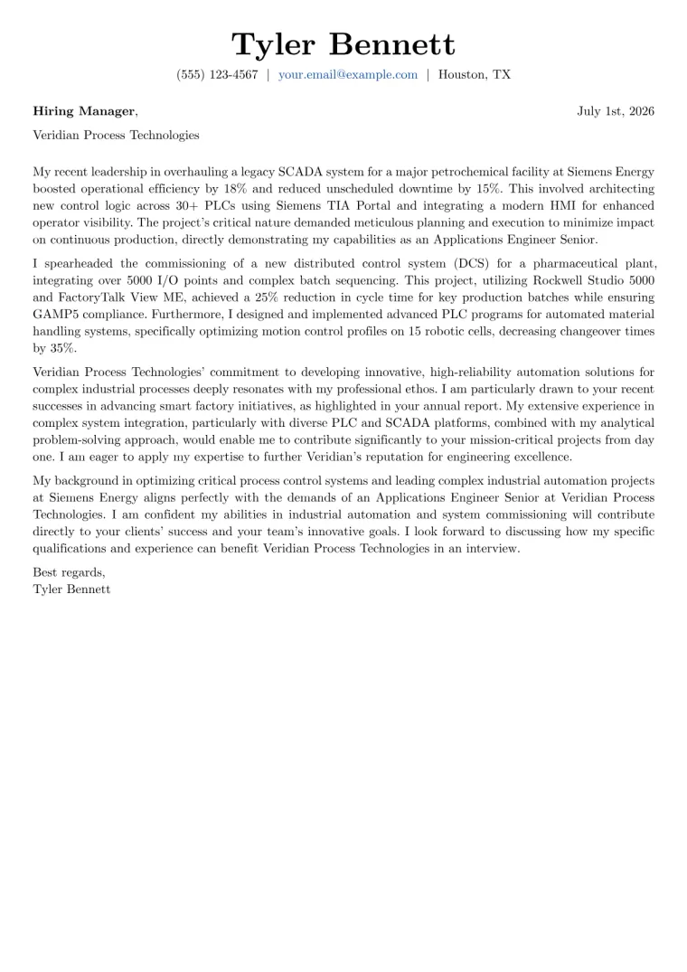 Applications Engineer Senior cover letter example preview