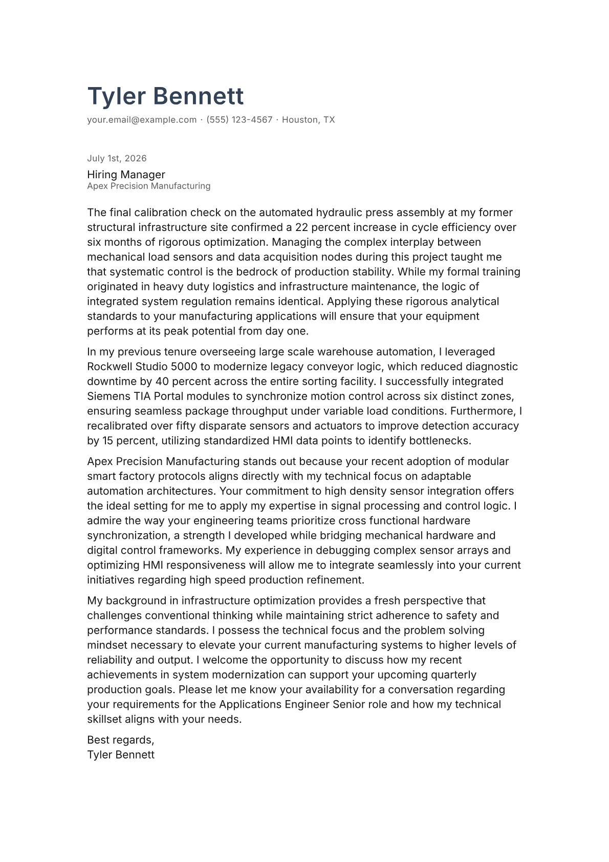 Applications Engineer Senior cover letter in the Minimal design
