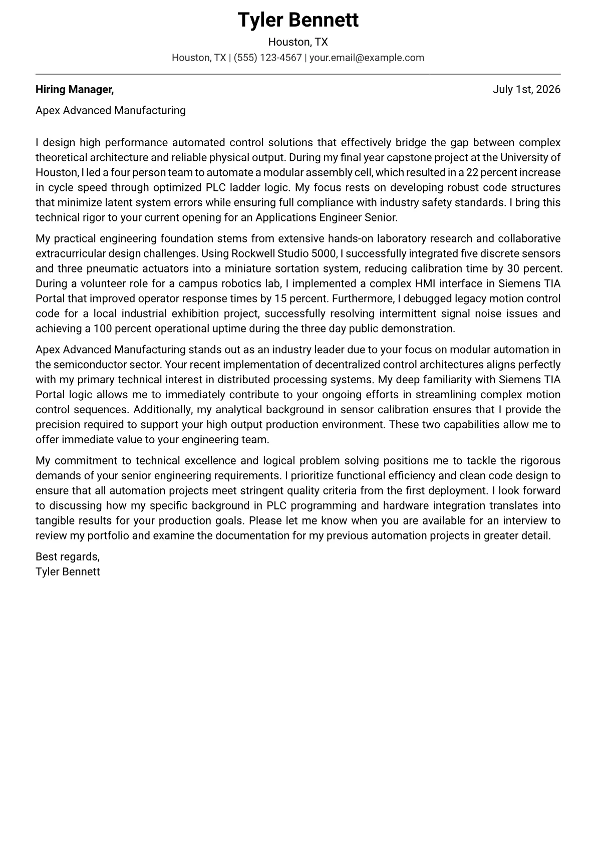 Applications Engineer Senior cover letter in the Modern design