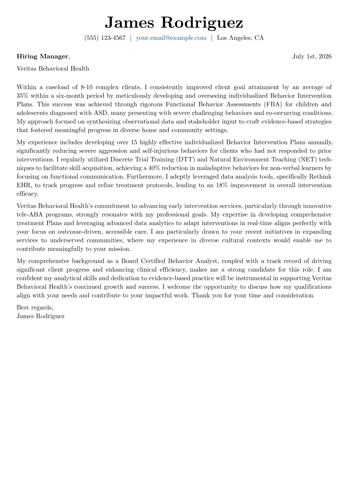 Applied Behavior Analyst cover letter formatted with a JobSprout template