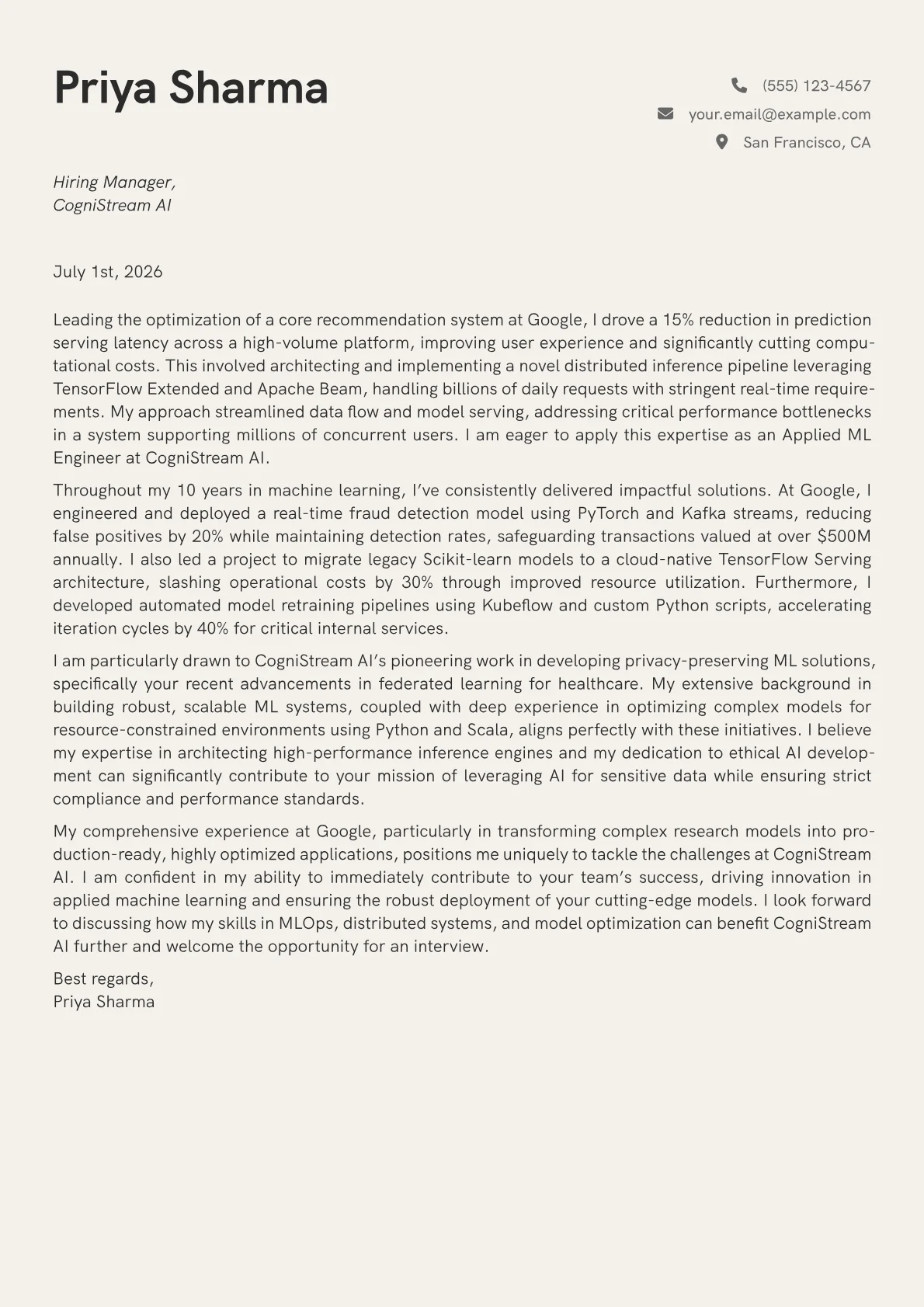 Applied ML Engineer cover letter formatted with a JobSprout template