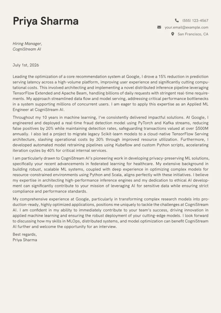 Applied ML Engineer cover letter example preview