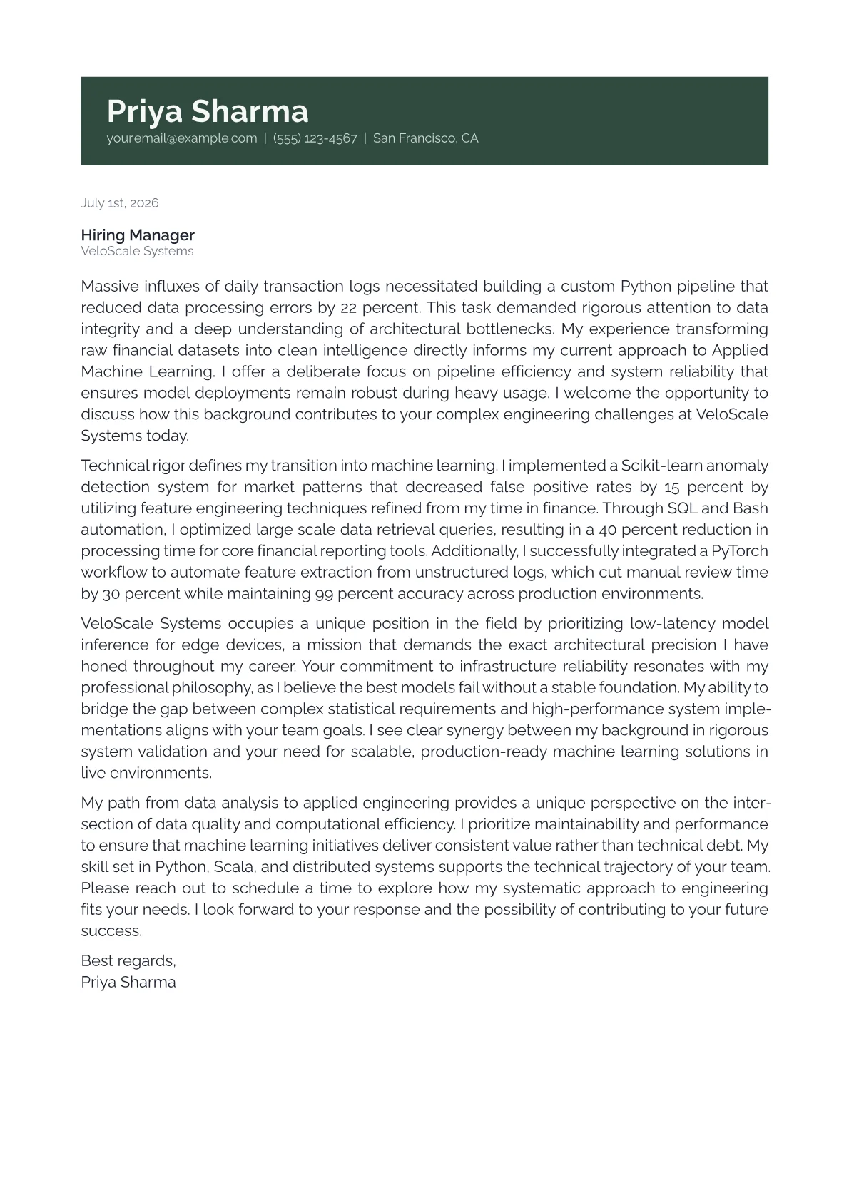 Applied ML Engineer cover letter in the Banner design