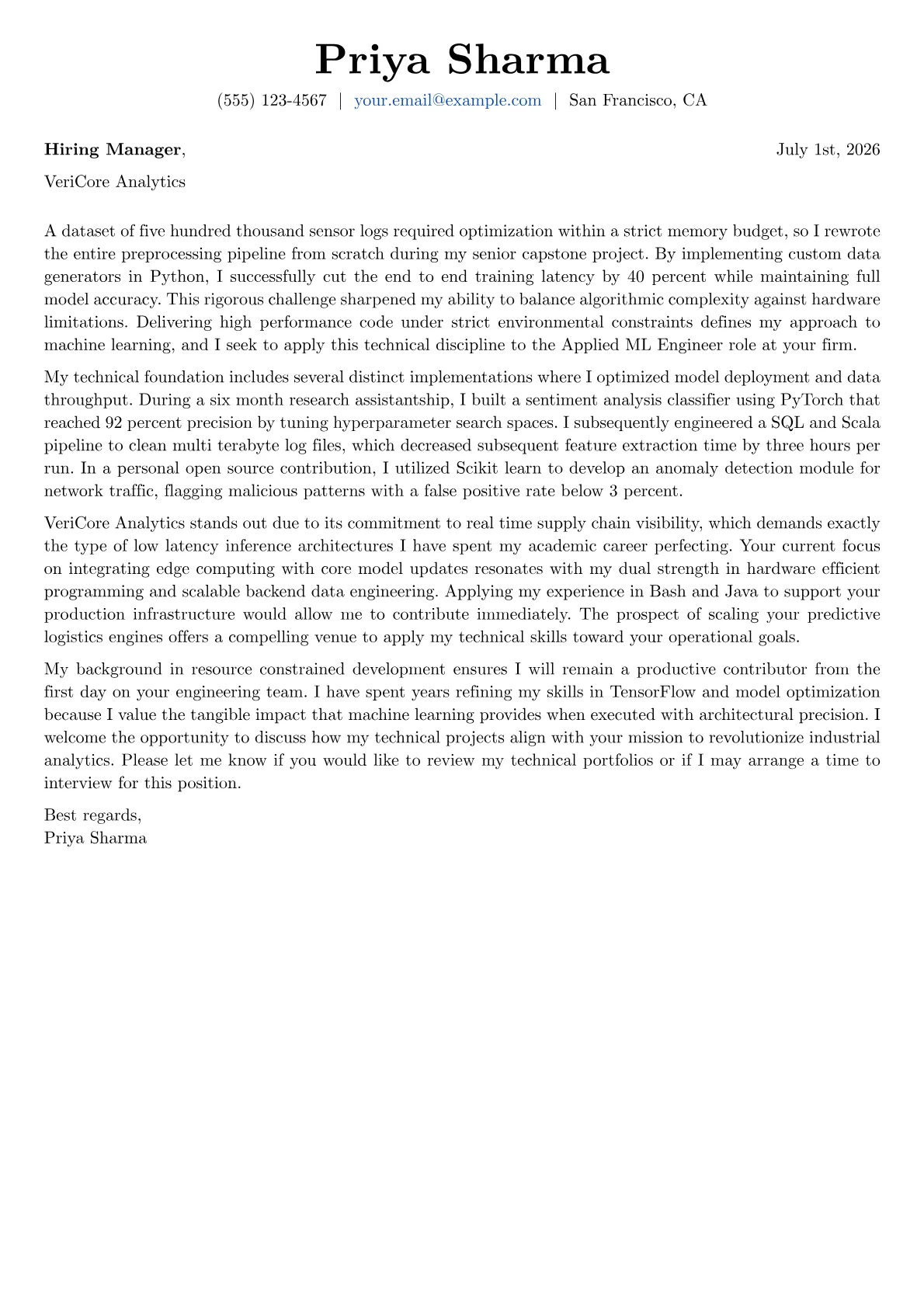 Applied ML Engineer cover letter in the Basic design