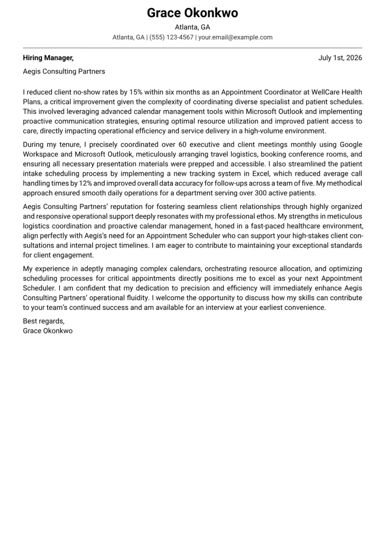 Appointment Scheduler cover letter example preview