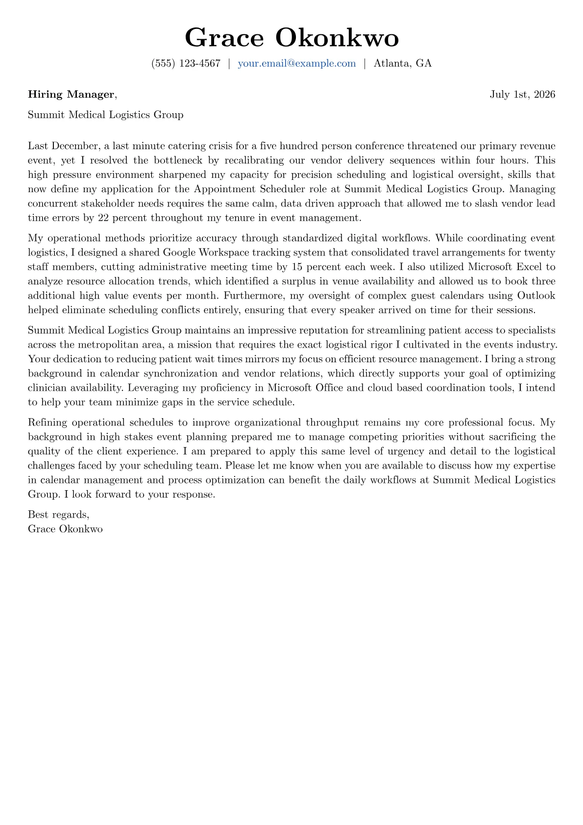 Appointment Scheduler cover letter in the Basic design