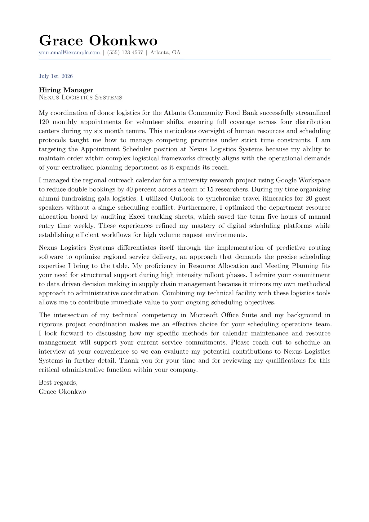 Appointment Scheduler cover letter in the Classic design