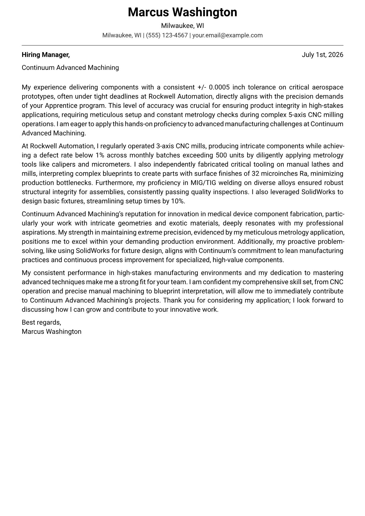 Apprentice cover letter formatted with a JobSprout template