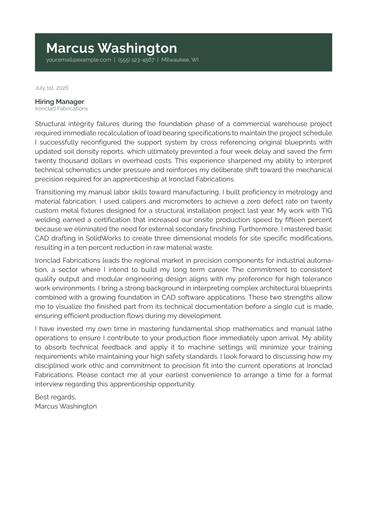 Apprentice cover letter in the Banner design