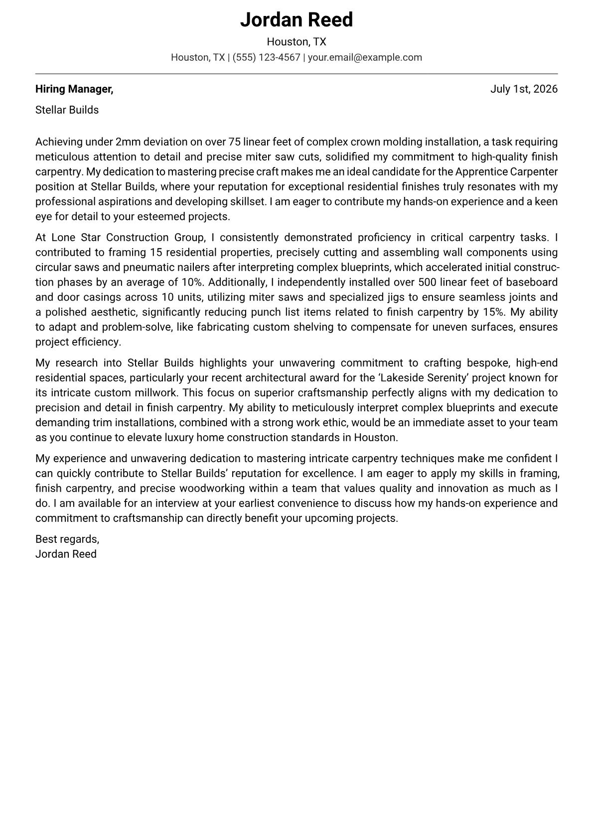 Apprentice Carpenter cover letter formatted with a JobSprout template