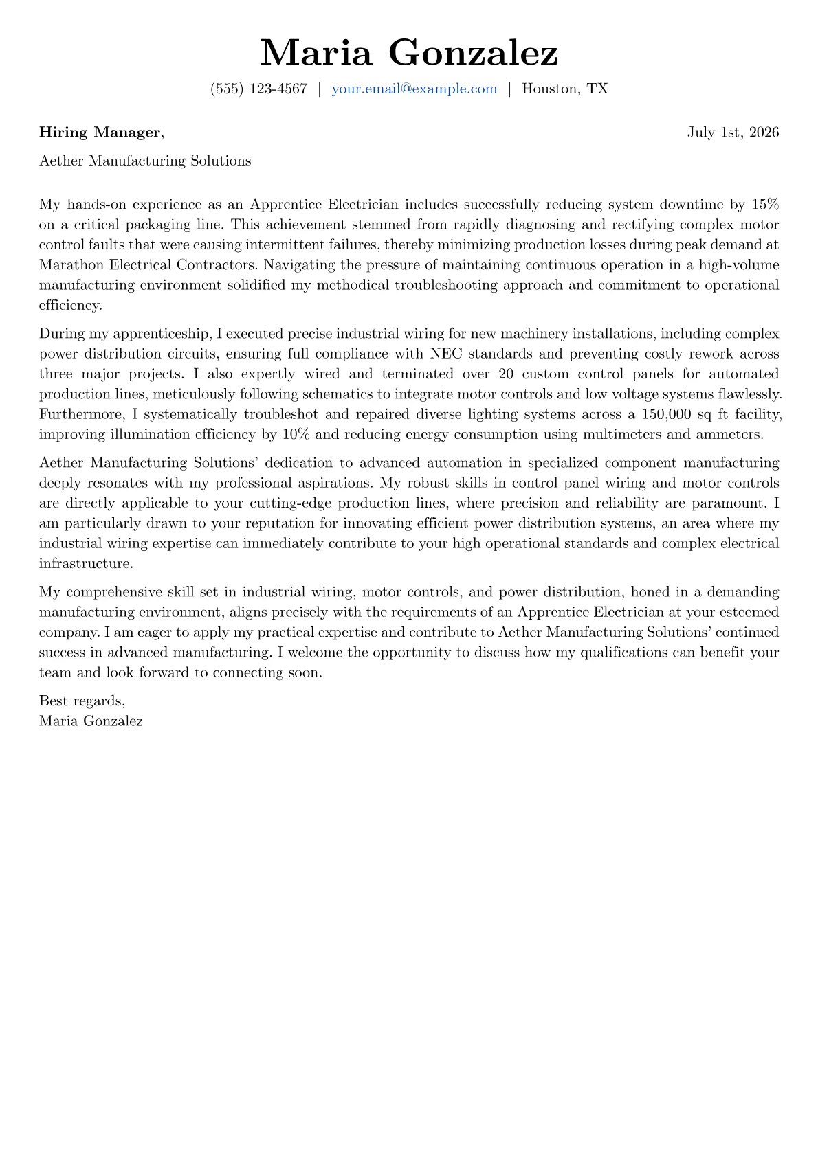 Apprentice Electrician cover letter formatted with a JobSprout template