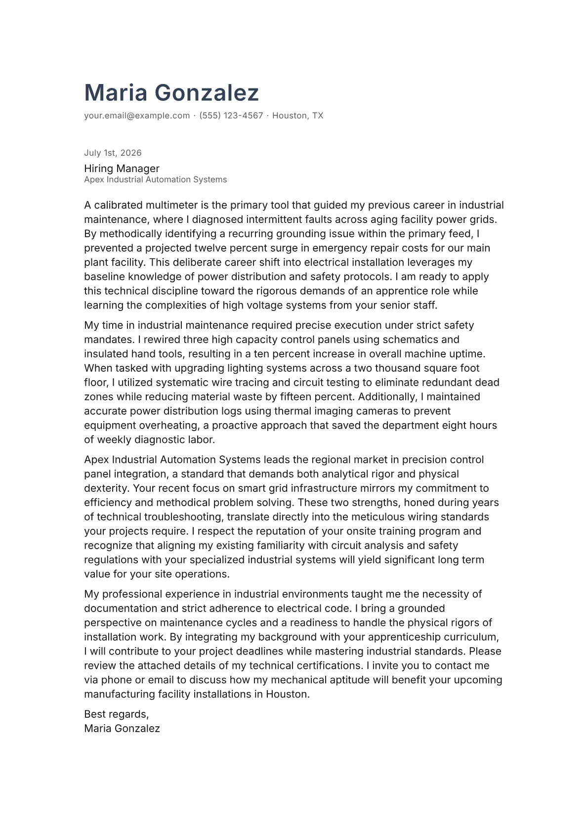 Apprentice Electrician cover letter in the Minimal design