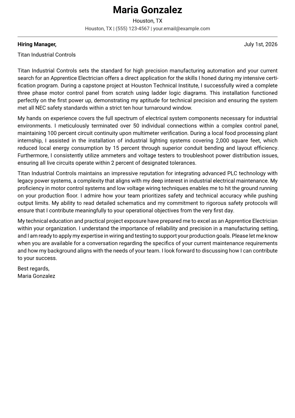 Apprentice Electrician cover letter in the Modern design