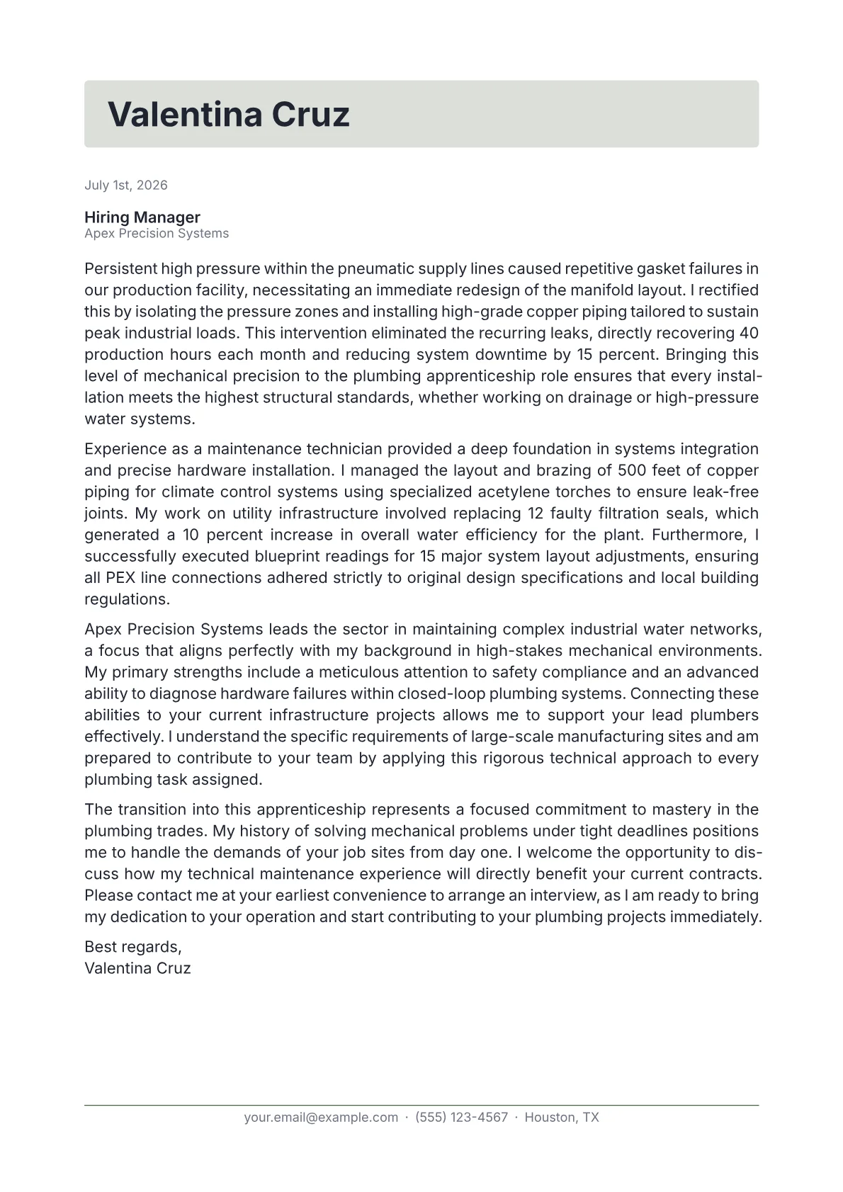 Apprentice Plumber cover letter in the Letterhead design