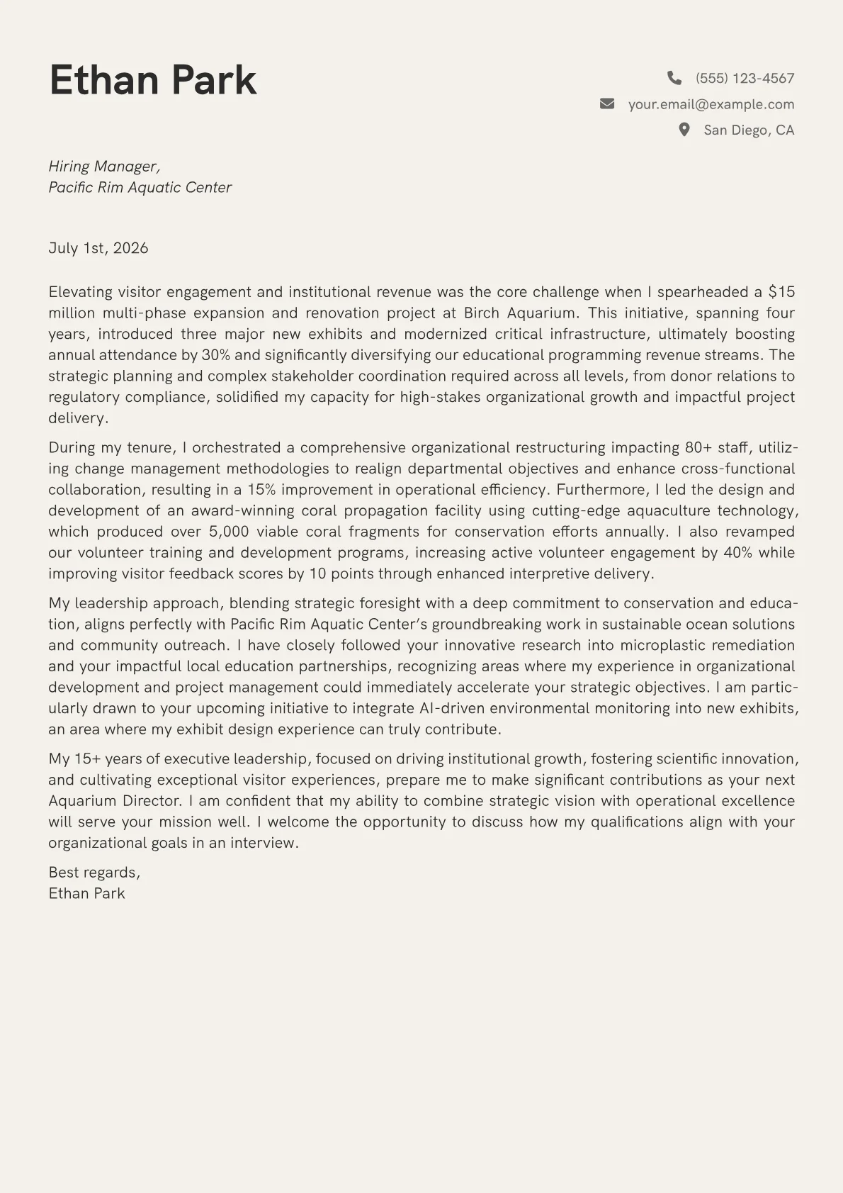 Aquarium Director cover letter formatted with a JobSprout template