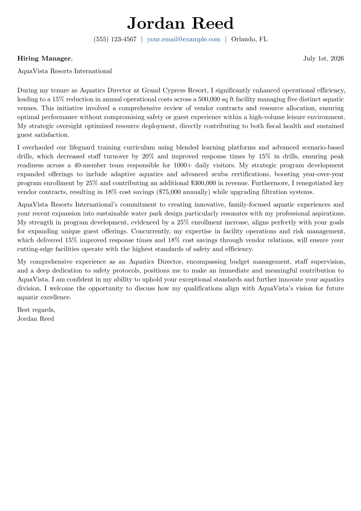 Aquatics Director cover letter formatted with a JobSprout template