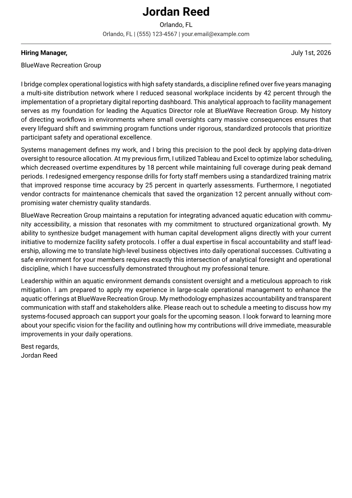Aquatics Director cover letter in the Modern design
