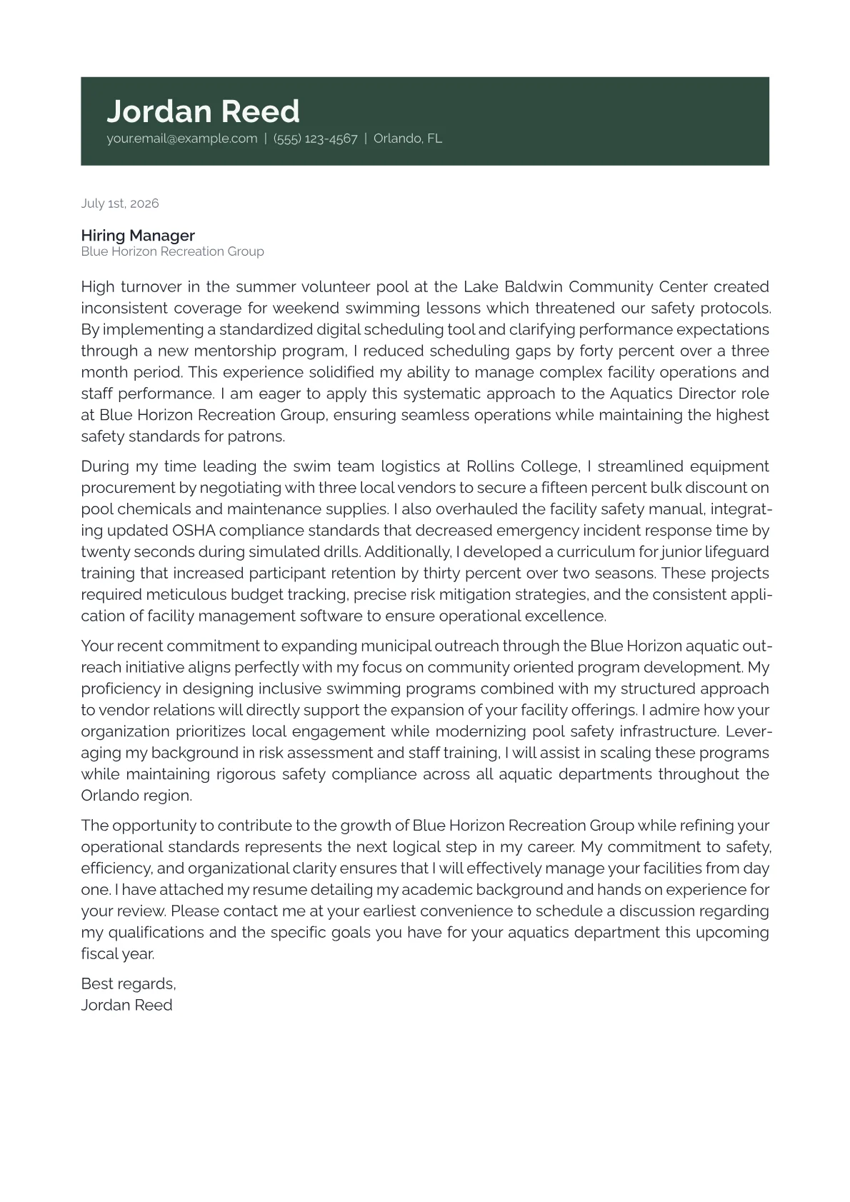 Aquatics Director cover letter in the Banner design