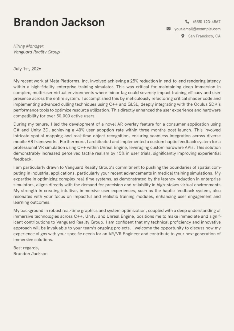 AR/VR Engineer Cover Letter Example