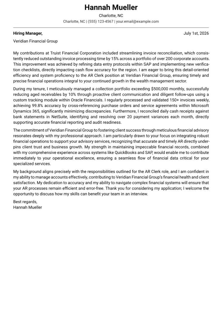 AR Clerk cover letter example preview