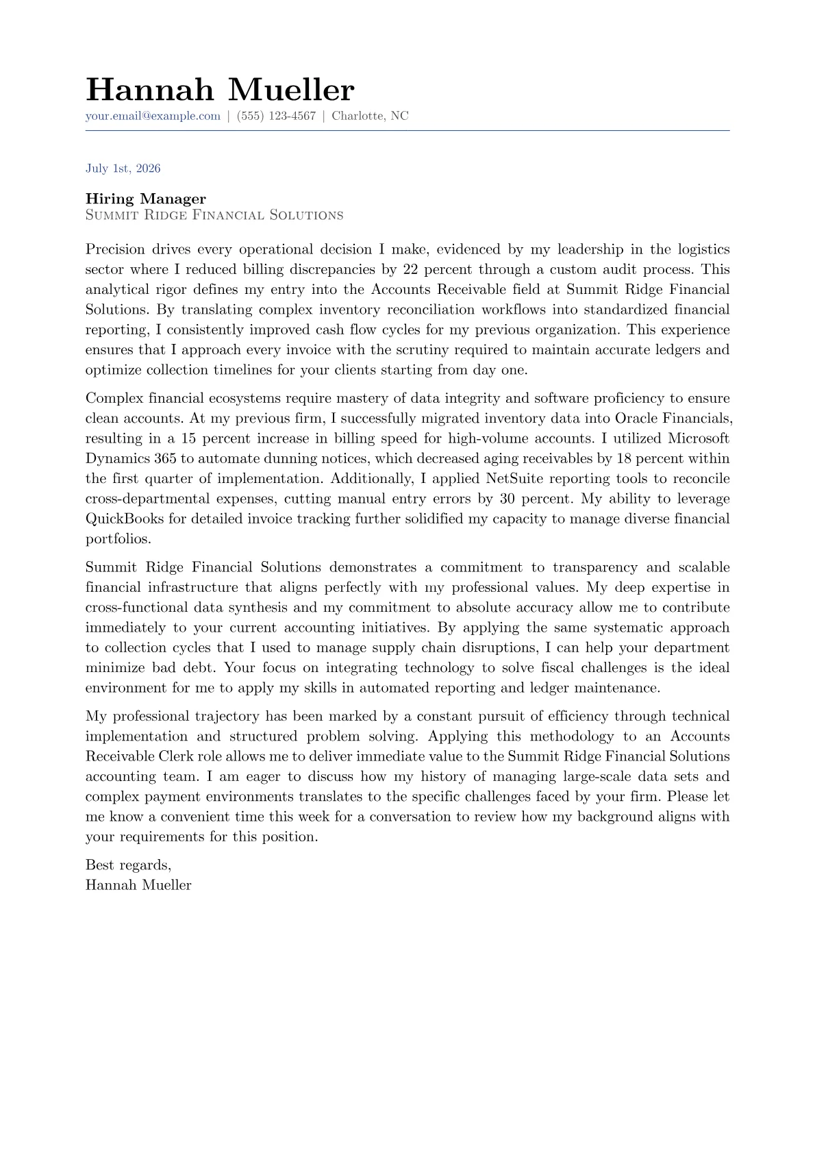 AR Clerk cover letter in the Classic design