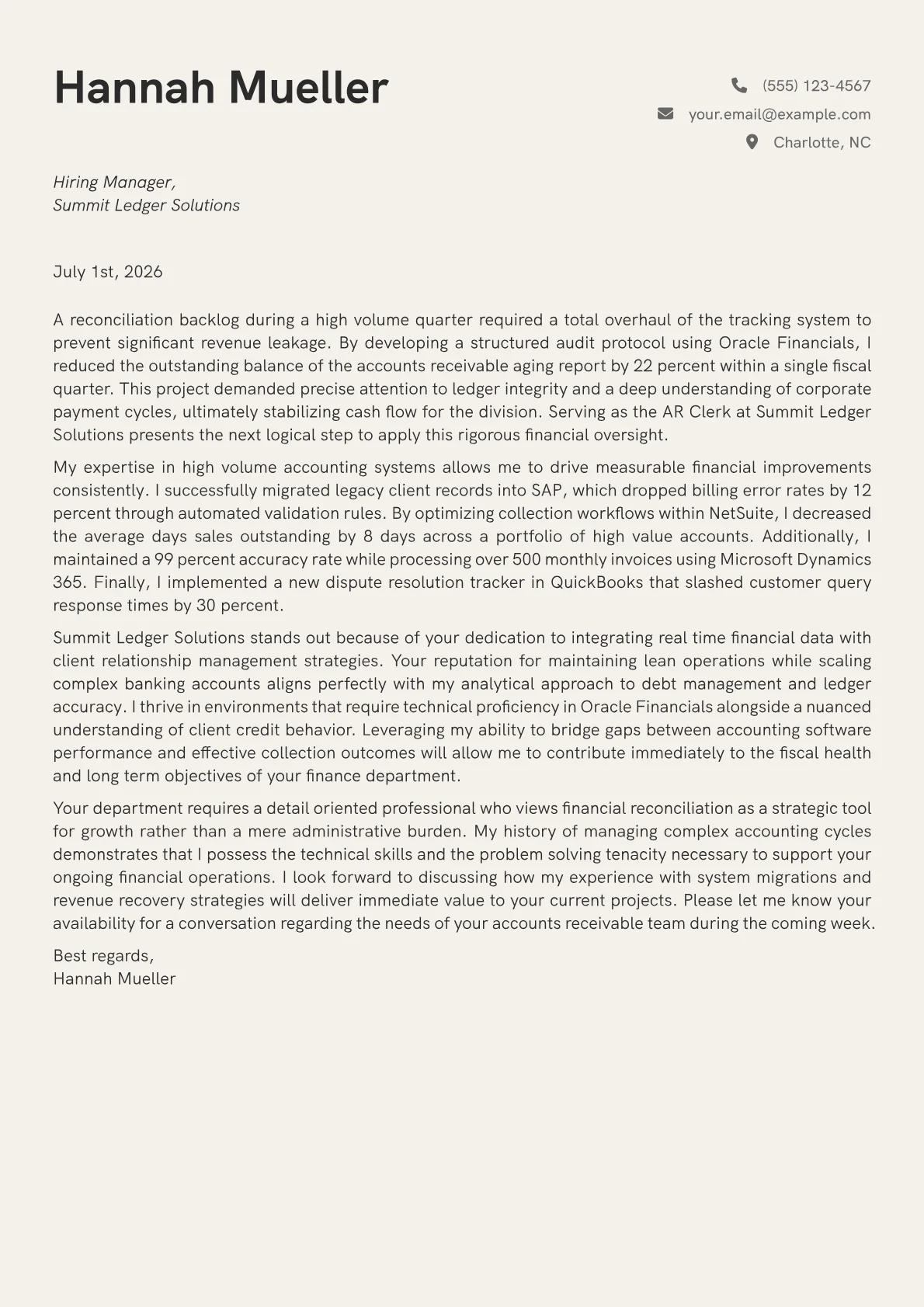 AR Clerk cover letter in the Creative design