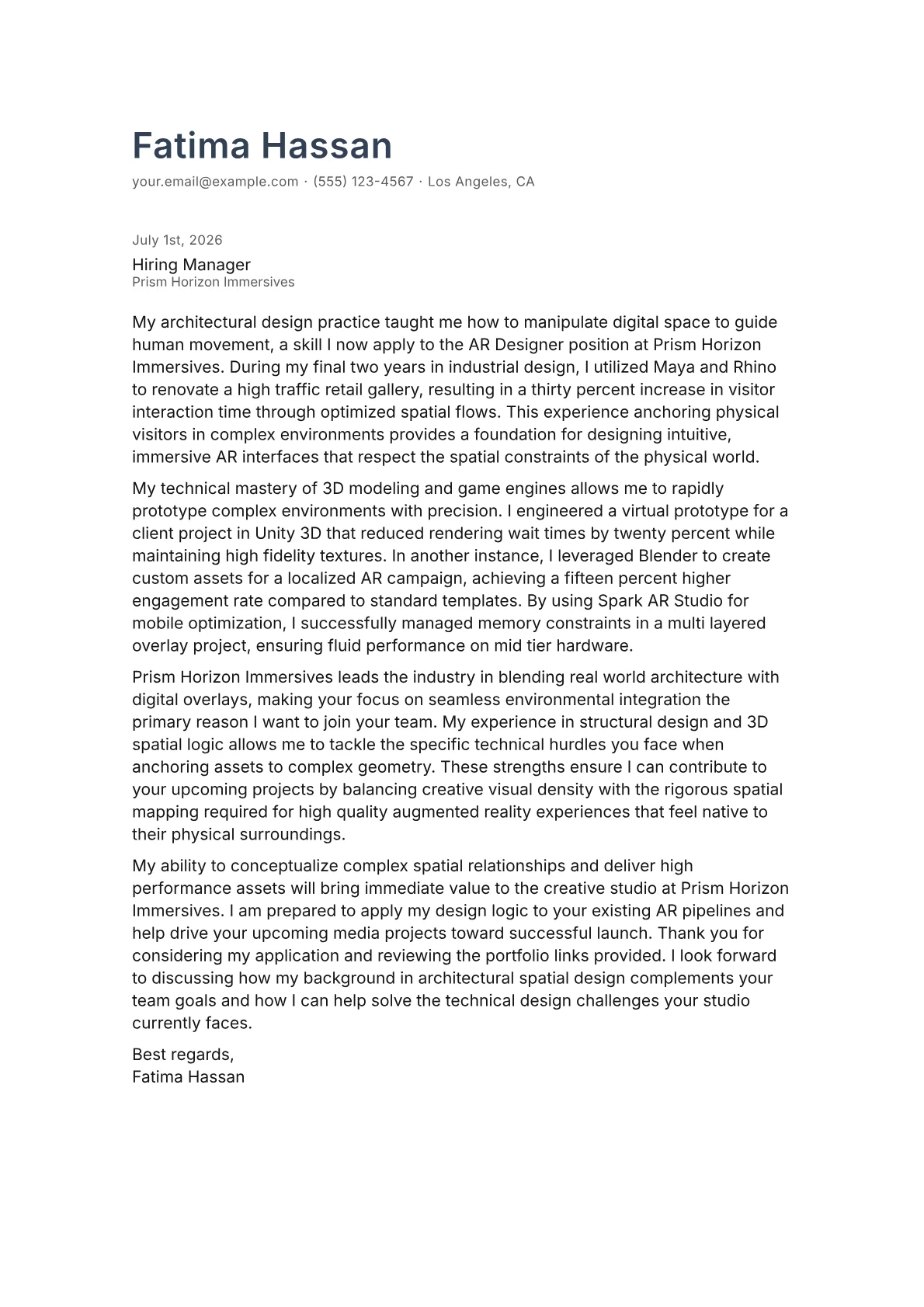 AR Designer cover letter in the Minimal design