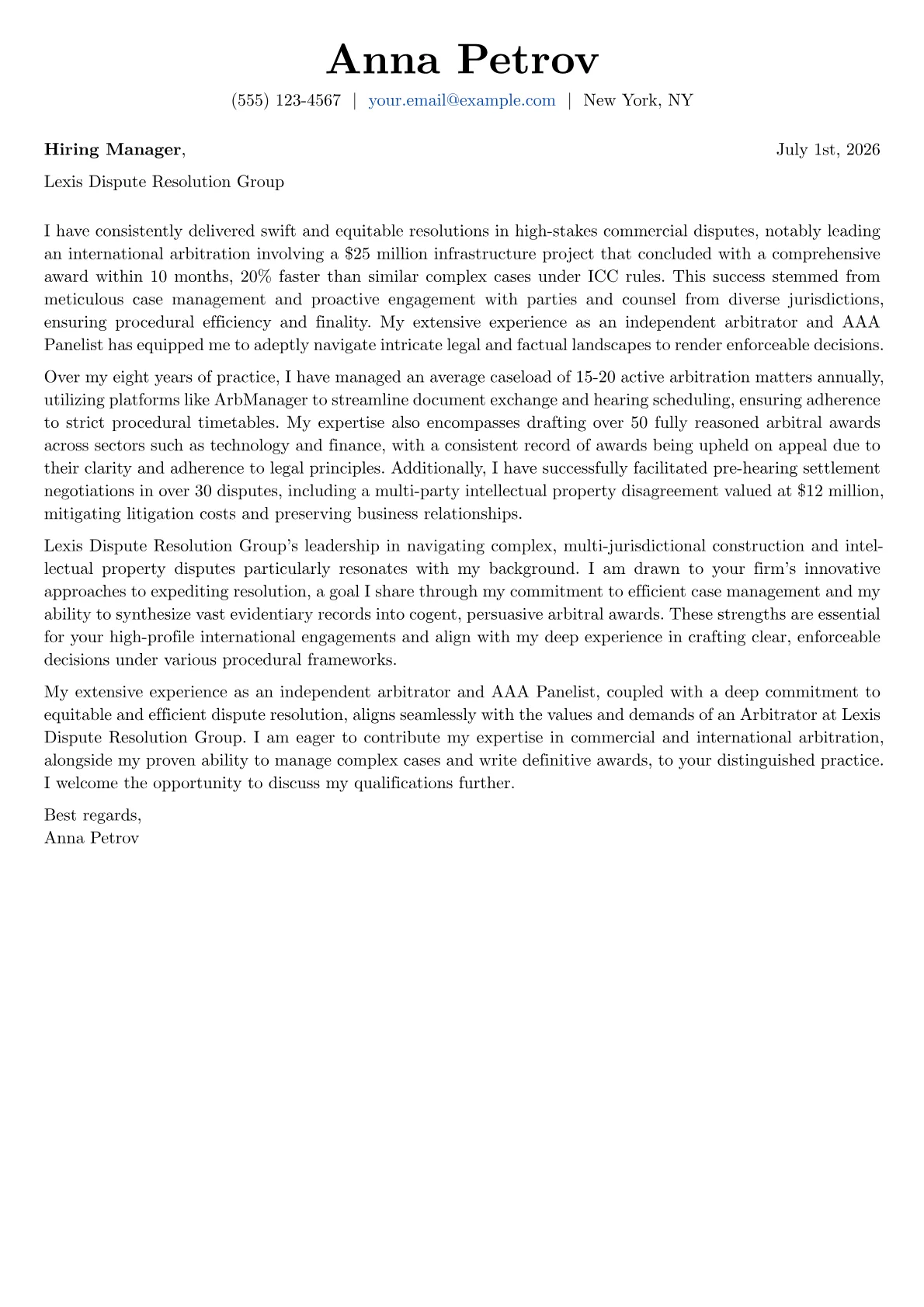 Arbitrator cover letter formatted with a JobSprout template