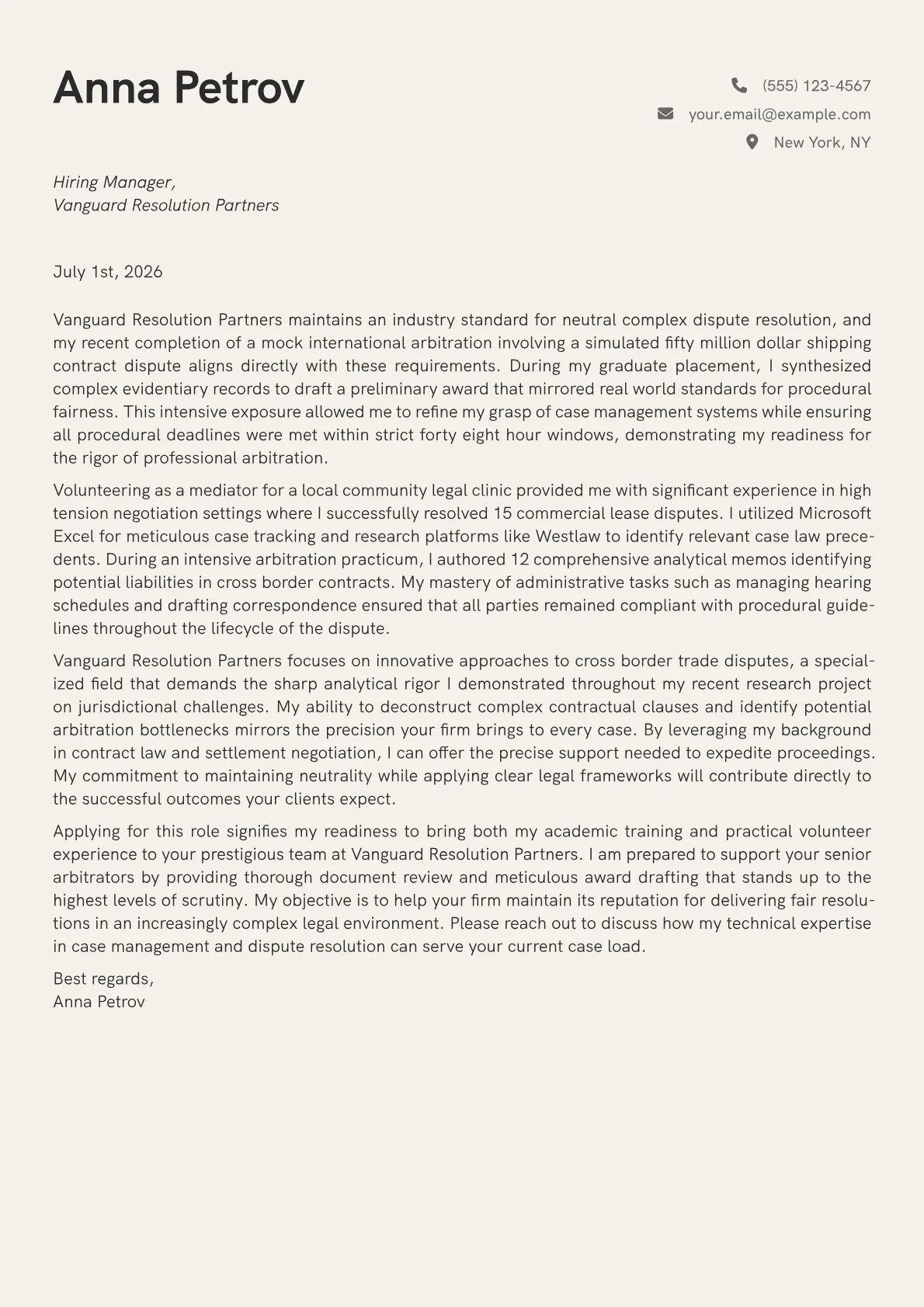 Arbitrator cover letter in the Creative design