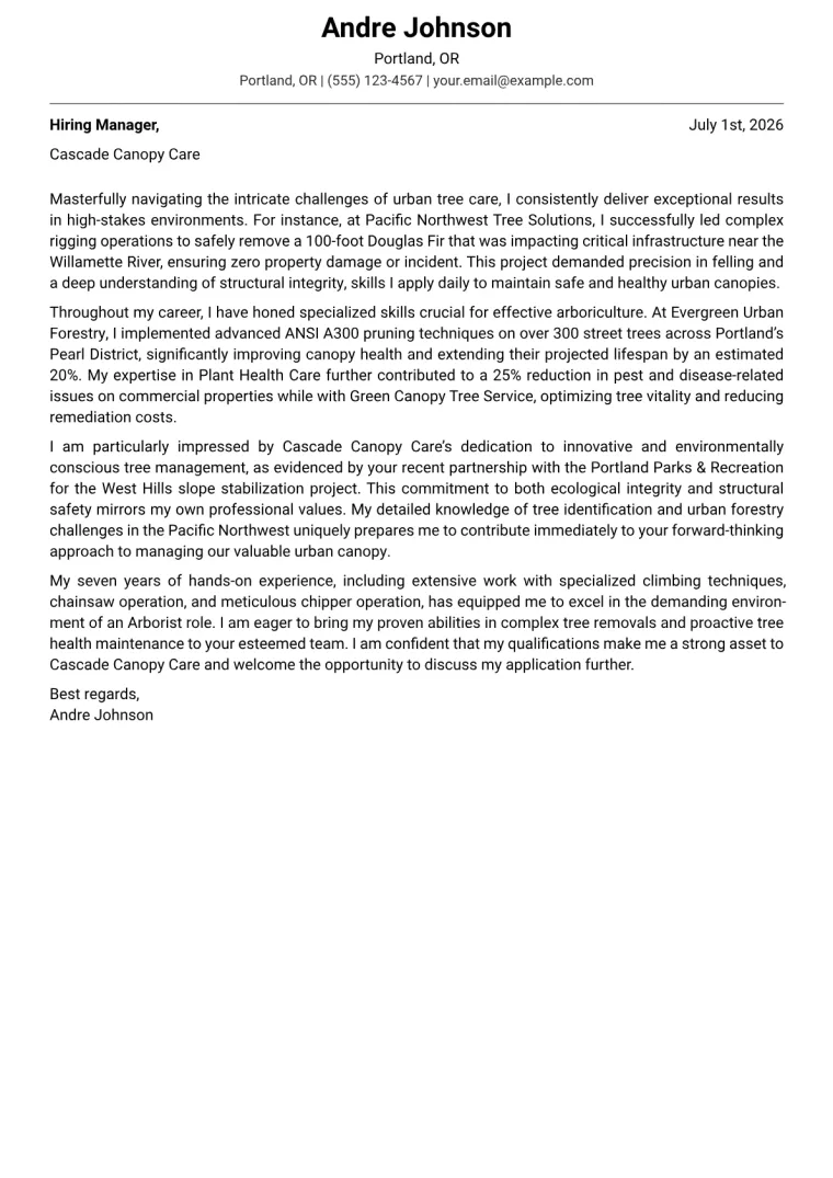 Arborist cover letter example
