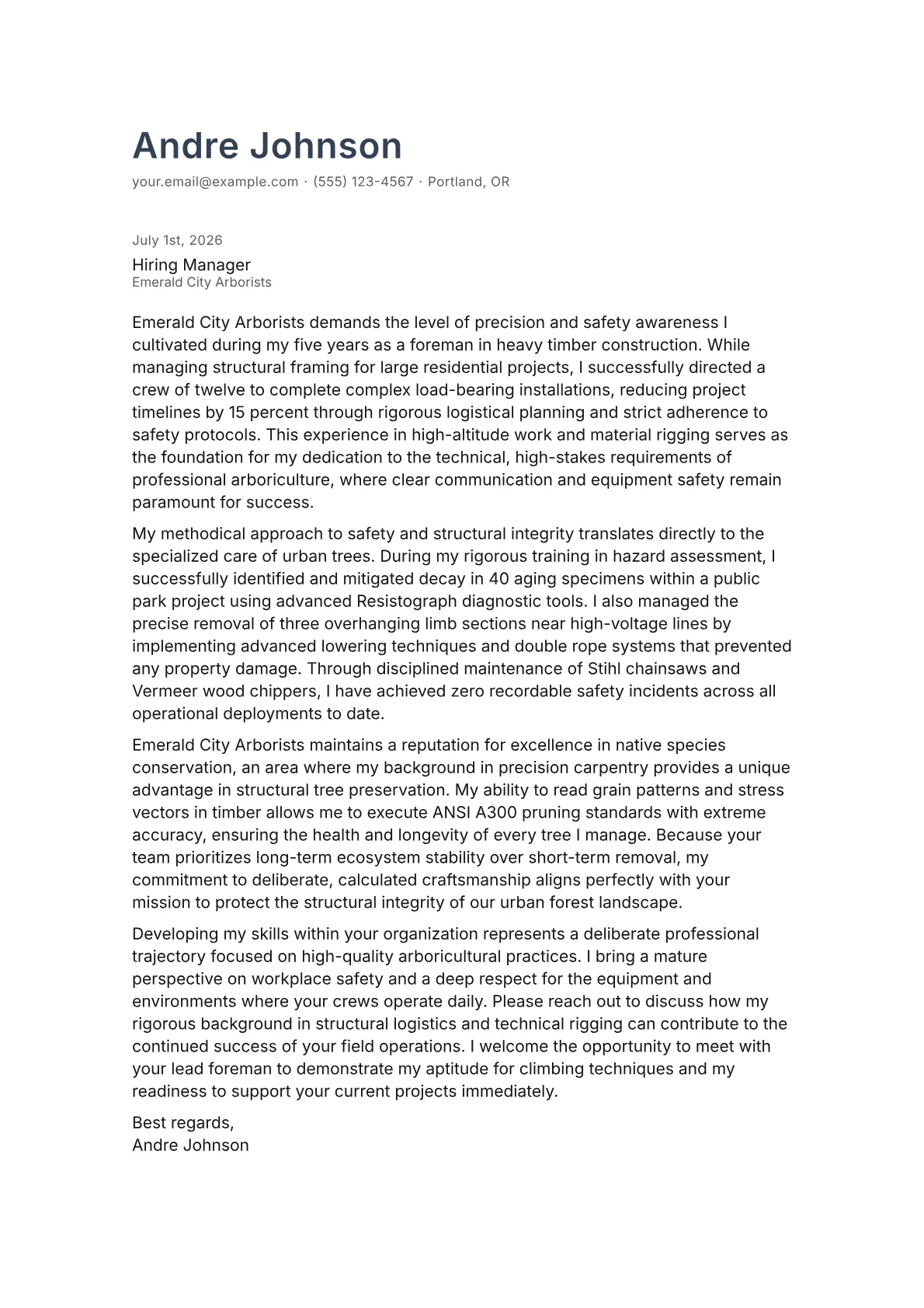 Arborist cover letter in the Minimal design