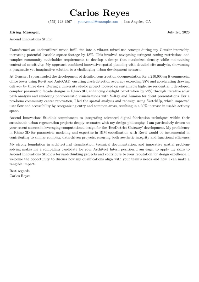 Architect Intern Cover Letter Example