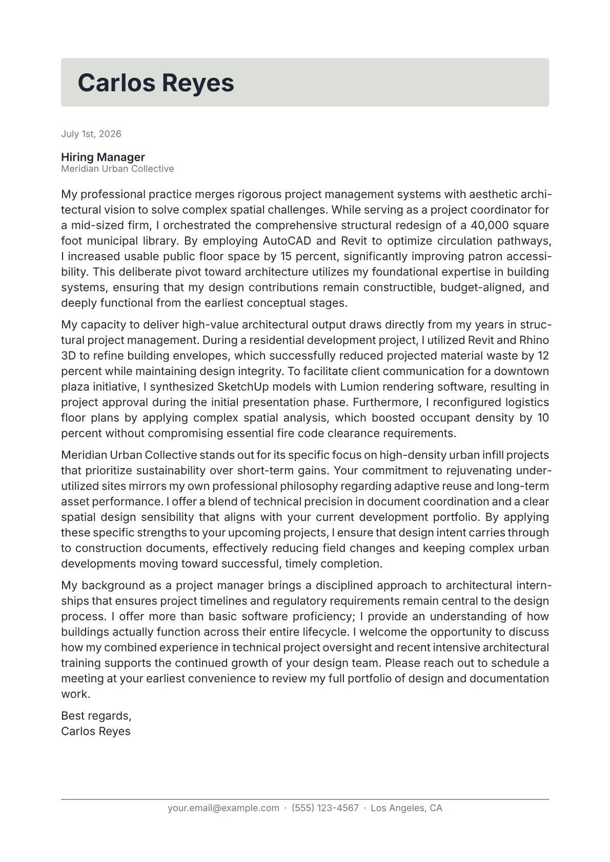 Architect Intern cover letter in the Letterhead design