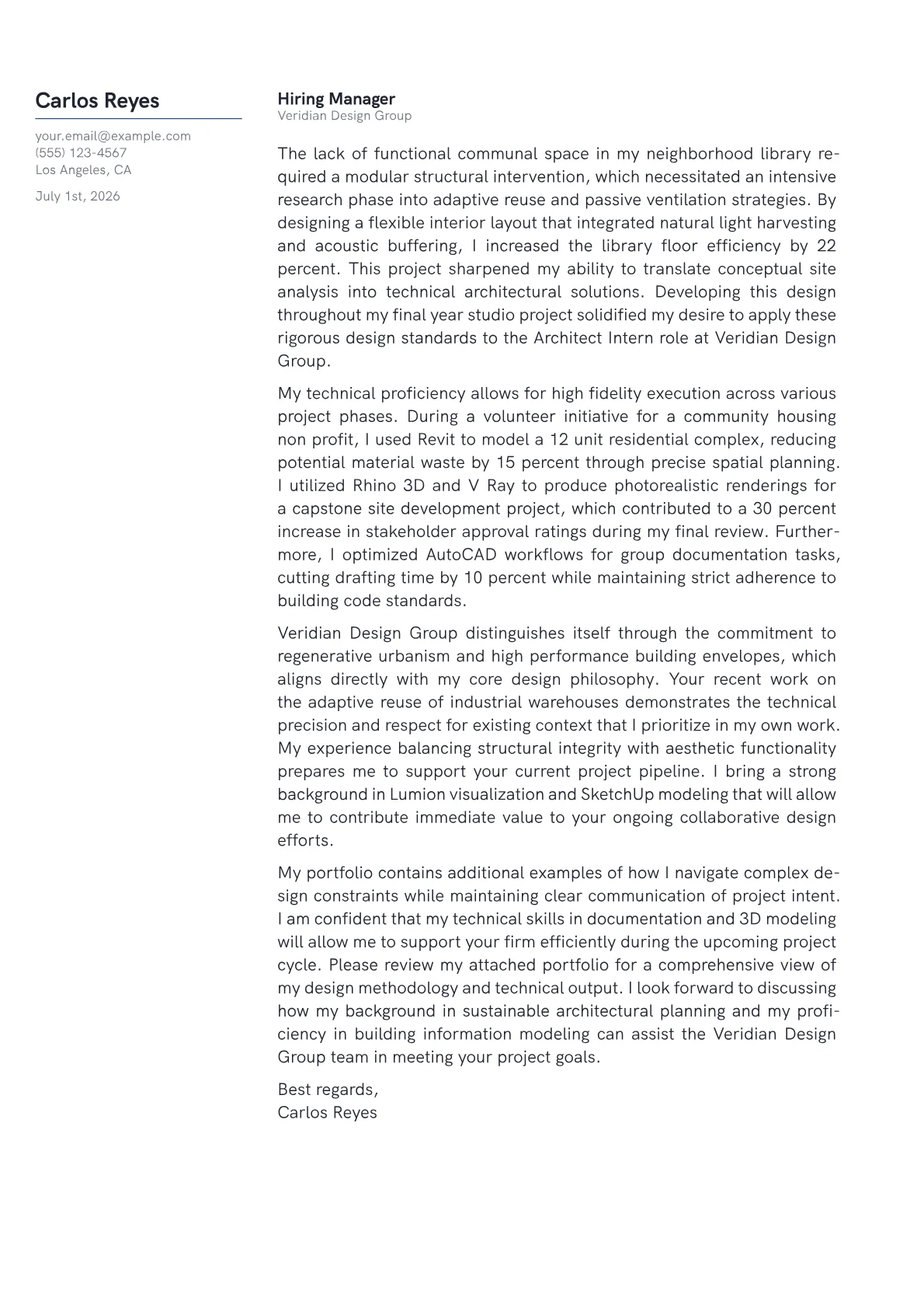 Architect Intern cover letter in the Margin design