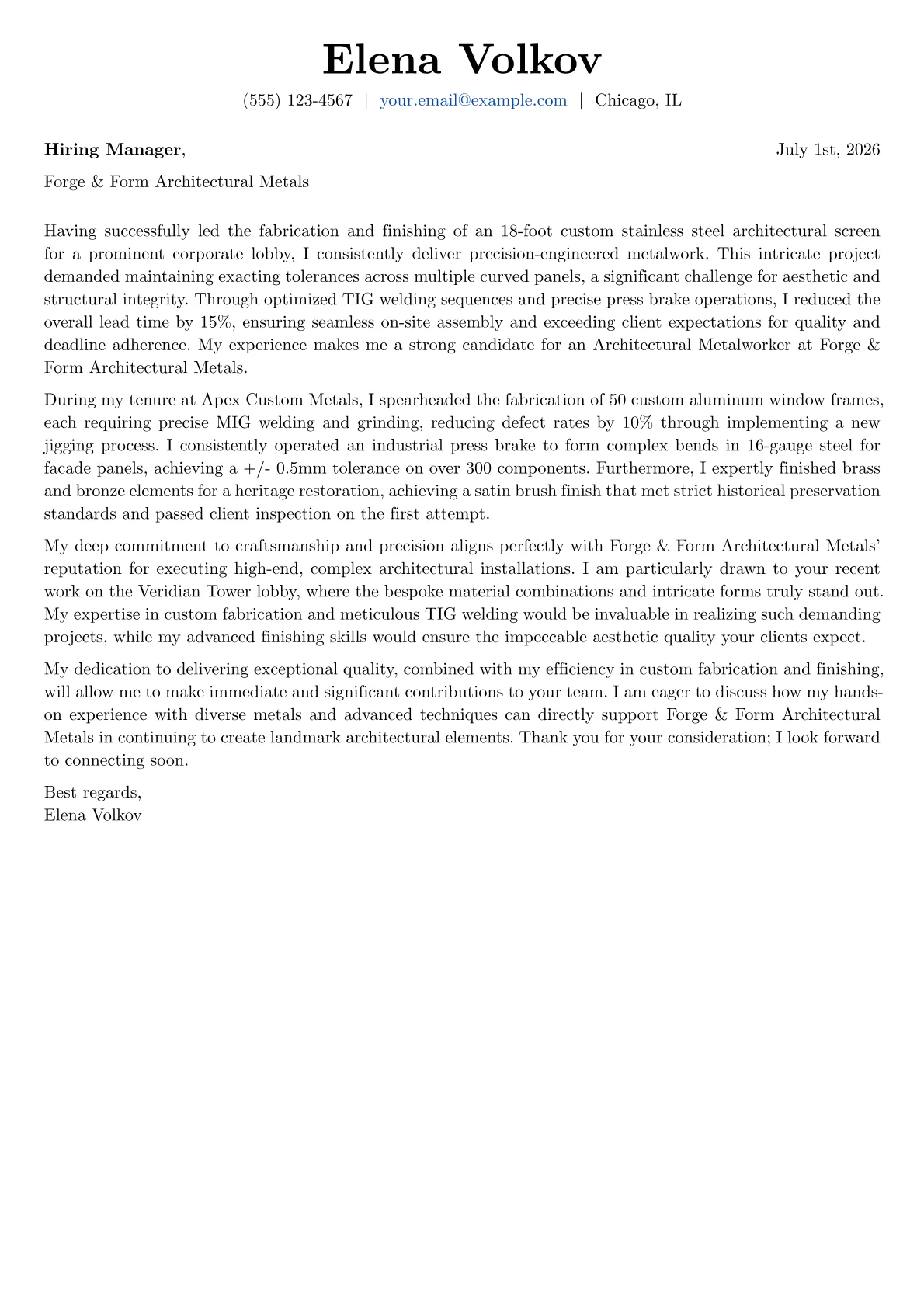 Architectural Metalworker cover letter formatted with a JobSprout template