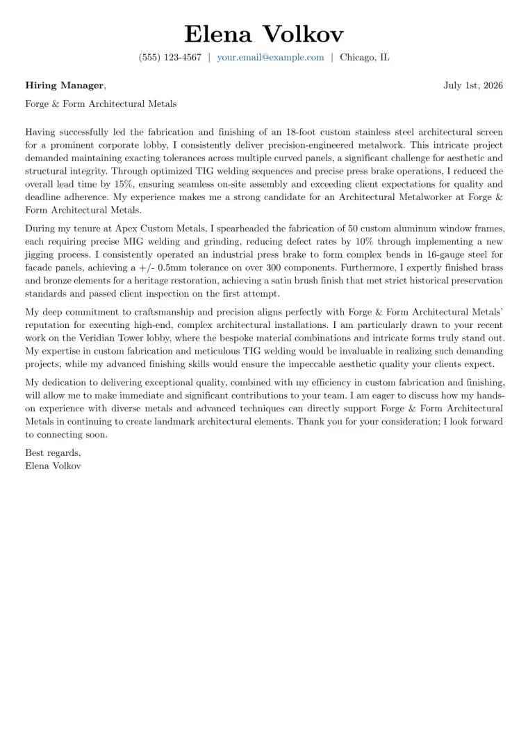 Architectural Metalworker cover letter example preview