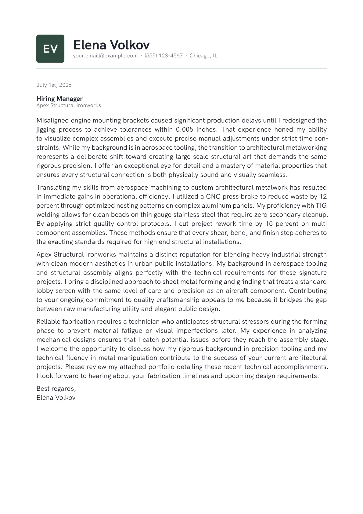 Architectural Metalworker cover letter in the Emblem design