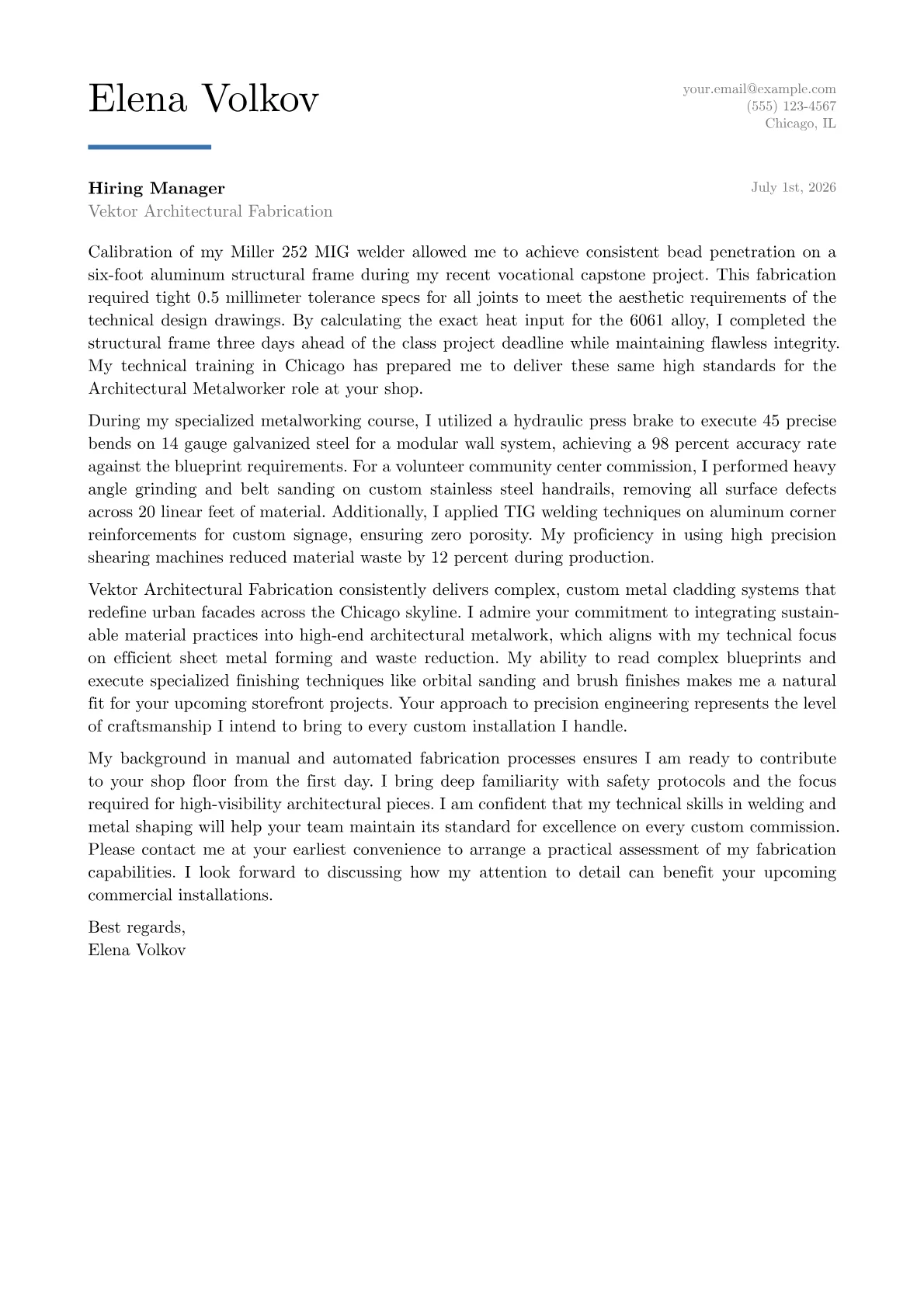 Architectural Metalworker cover letter in the Executive design