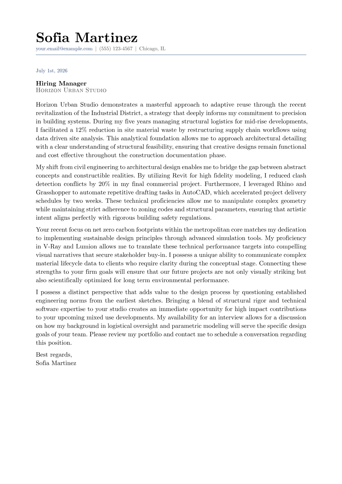 Architectural Student cover letter in the Classic design