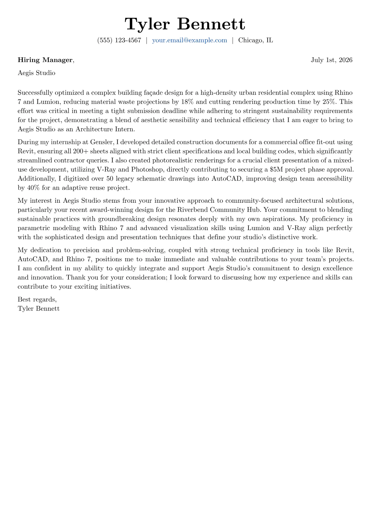 Architecture Intern cover letter formatted with a JobSprout template