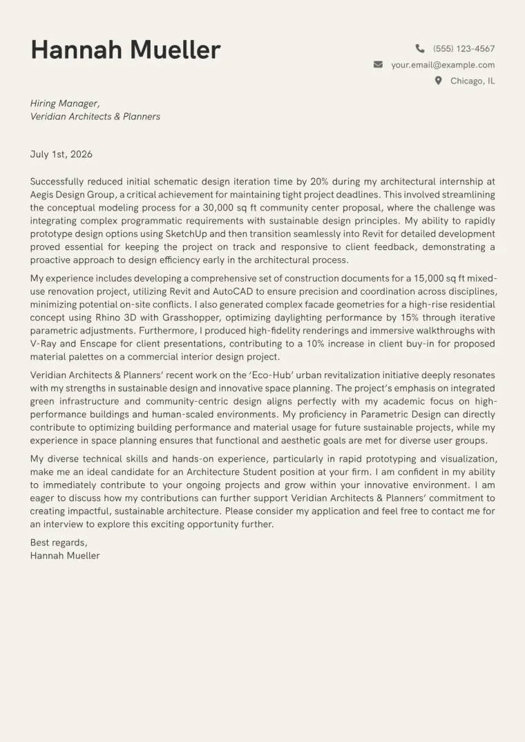 Architecture Student cover letter example preview