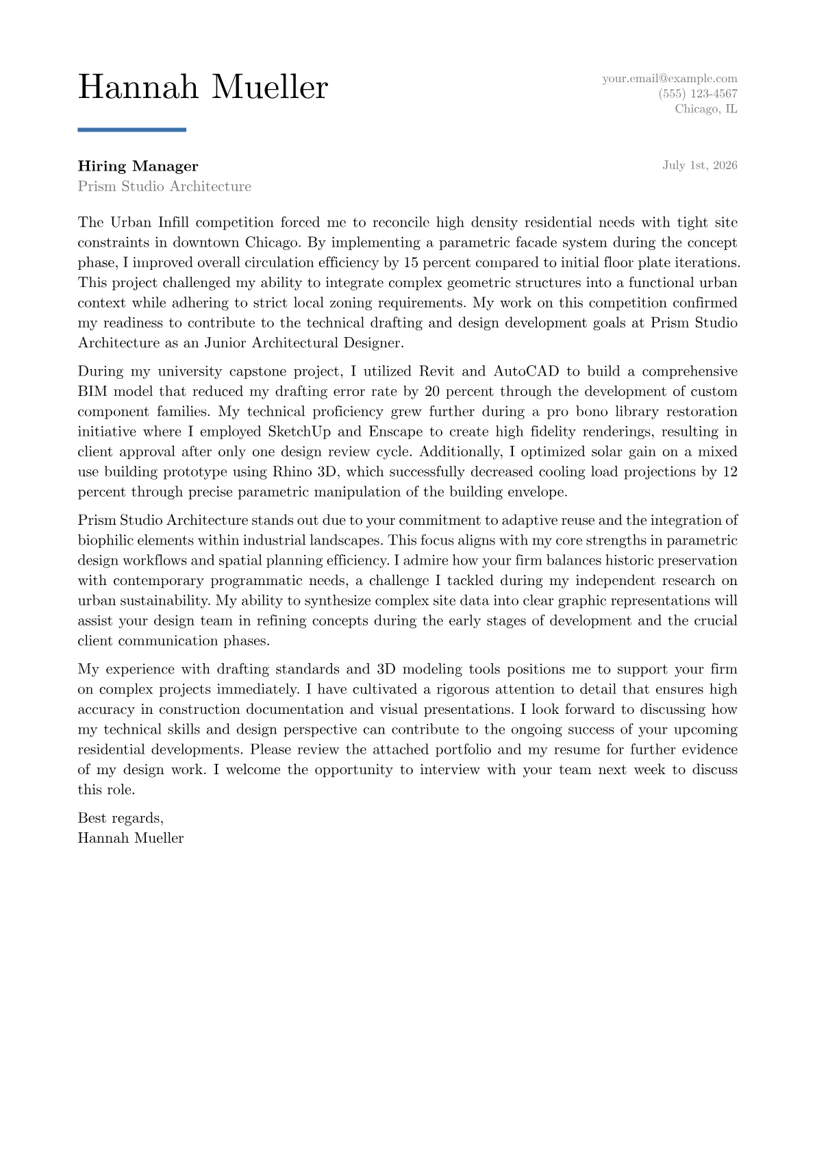 Architecture Student cover letter in the Executive design