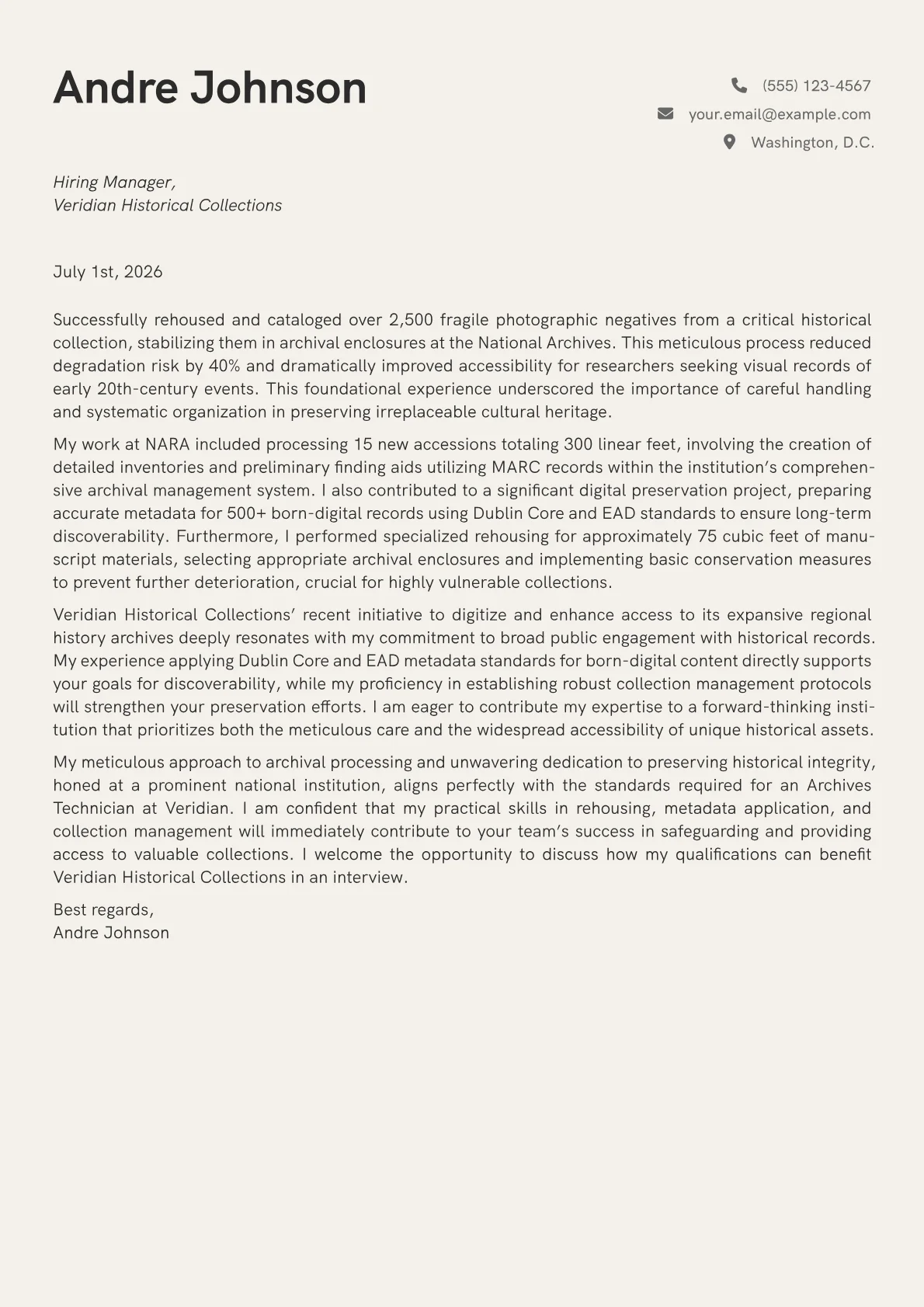 Archives Technician cover letter formatted with a JobSprout template